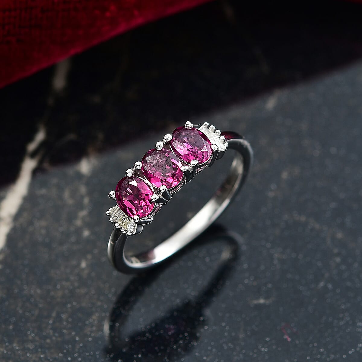 D'Joy Premium Radiant Ember Garnet and Diamond 1.35 ctw Ring in Platinum Over Sterling Silver (Size 10.0) image number 1