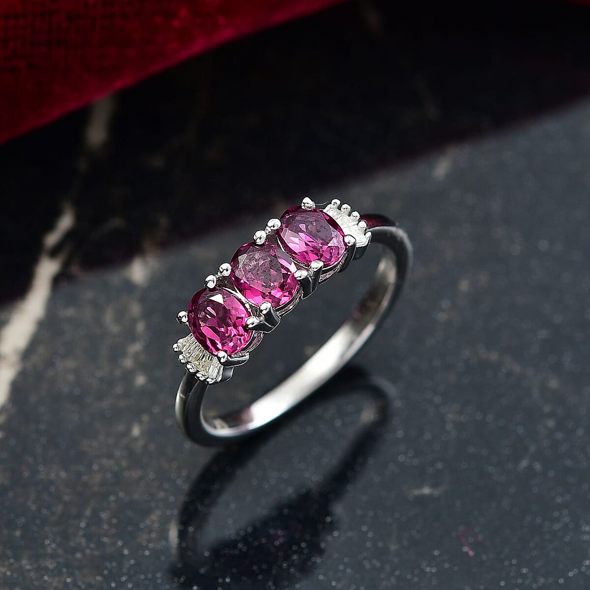 D'Joy Premium Radiant Ember Garnet and Diamond 1.35 ctw Ballerina Ring in Platinum Over Sterling Silver (Size 8.0) image number 1