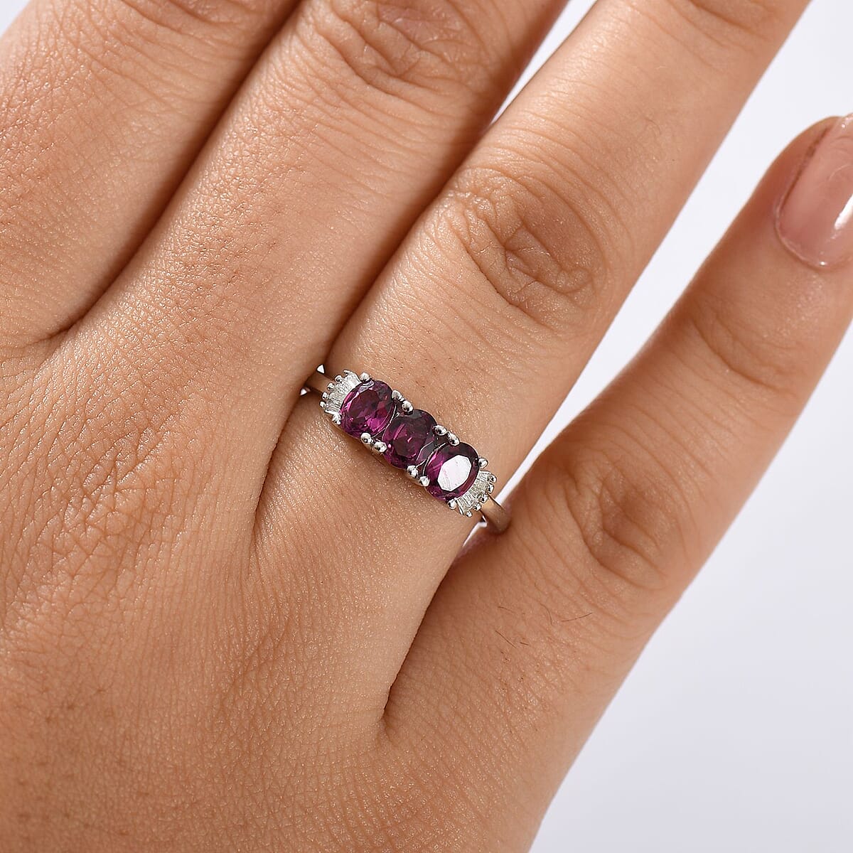 D'Joy Premium Radiant Ember Garnet and Diamond 1.35 ctw Ballerina Ring in Platinum Over Sterling Silver (Size 8.0) image number 2