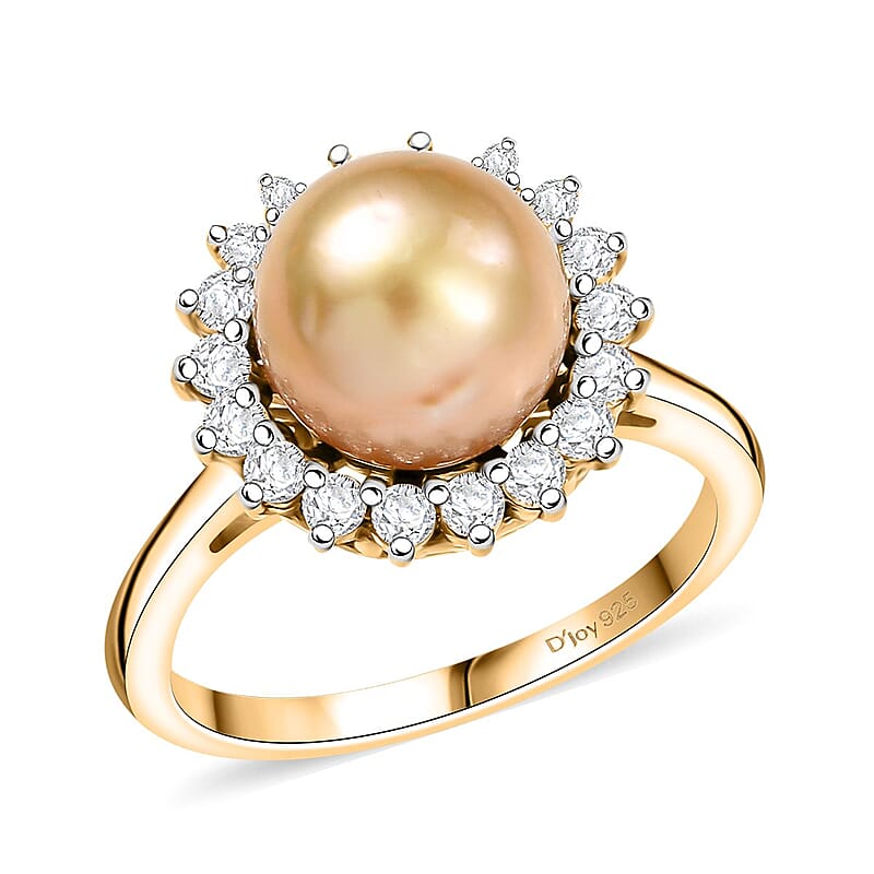 D'Joy South Sea Golden Pearl and Moissanite 0.55 ctw Sunburst Ring in 18K Vermeil Yellow Gold Over Sterling Silver (Size 10.0)