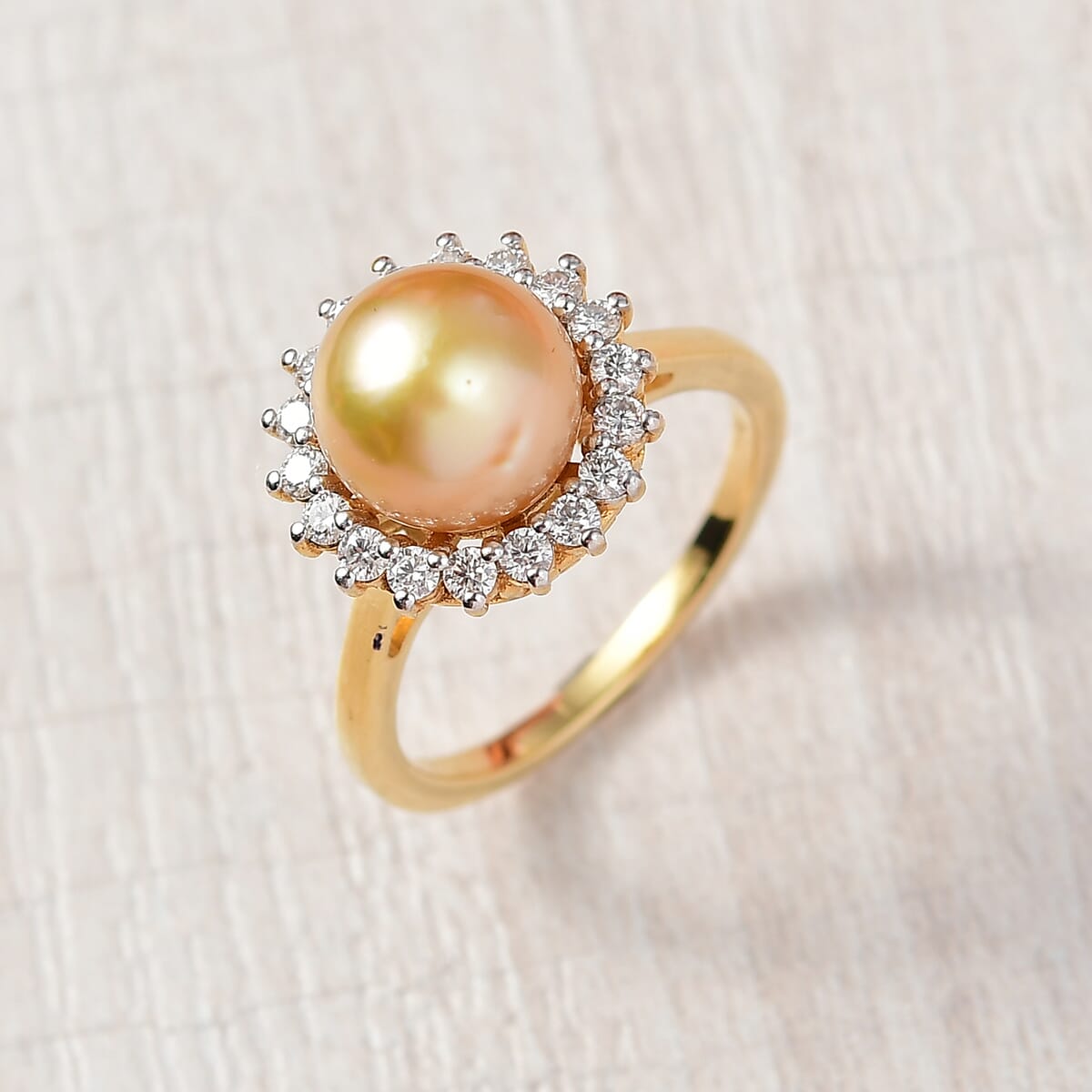 D'Joy South Sea Golden Pearl and Moissanite 0.55 ctw Sunburst Ring in 18K Vermeil Yellow Gold Over Sterling Silver (Size 10.0) image number 1