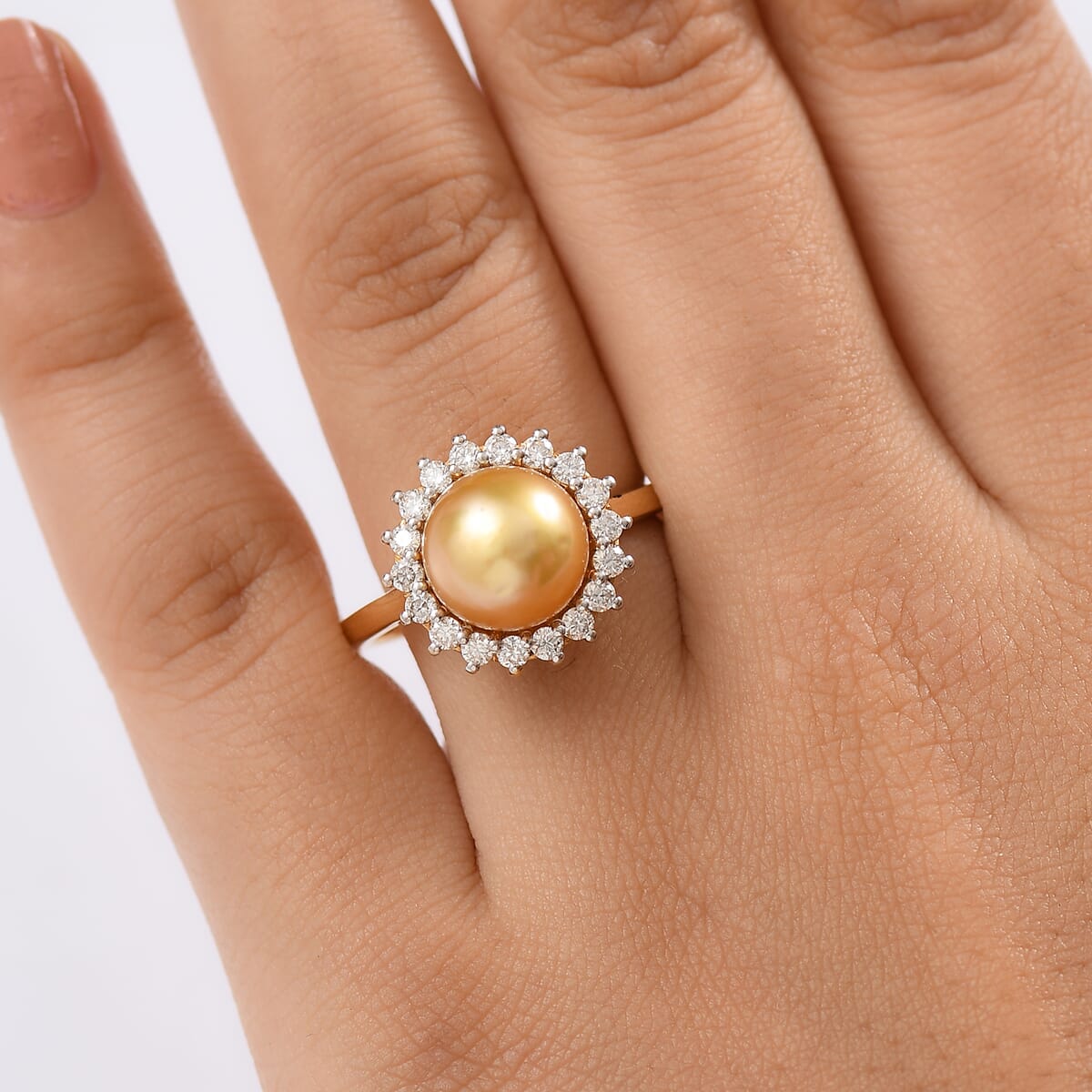 D'Joy South Sea Golden Pearl and Moissanite 0.55 ctw Sunburst Ring in 18K Vermeil Yellow Gold Over Sterling Silver (Size 10.0) image number 2