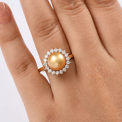 D'Joy South Sea Golden Pearl and Moissanite 0.55 ctw Sunburst Ring in 18K Vermeil Yellow Gold Over Sterling Silver (Size 10.0)