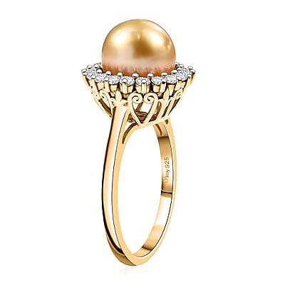 D'Joy South Sea Golden Pearl and Moissanite 0.55 ctw Sunburst Ring in 18K Vermeil Yellow Gold Over Sterling Silver (Size 10.0)
