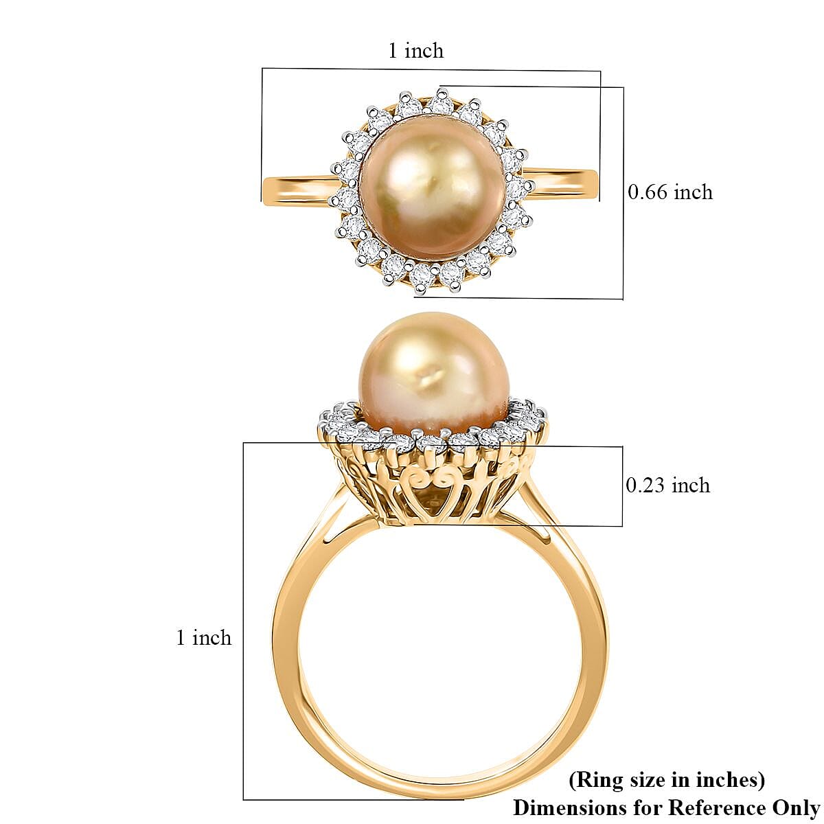 D'Joy South Sea Golden Pearl and Moissanite 0.55 ctw Sunburst Ring in 18K Vermeil Yellow Gold Over Sterling Silver (Size 10.0)