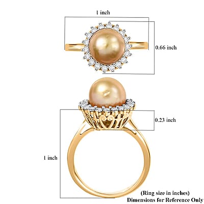 D'Joy South Sea Golden Pearl and Moissanite 0.55 ctw Sunburst Ring in 18K Vermeil Yellow Gold Over Sterling Silver (Size 10.0)
