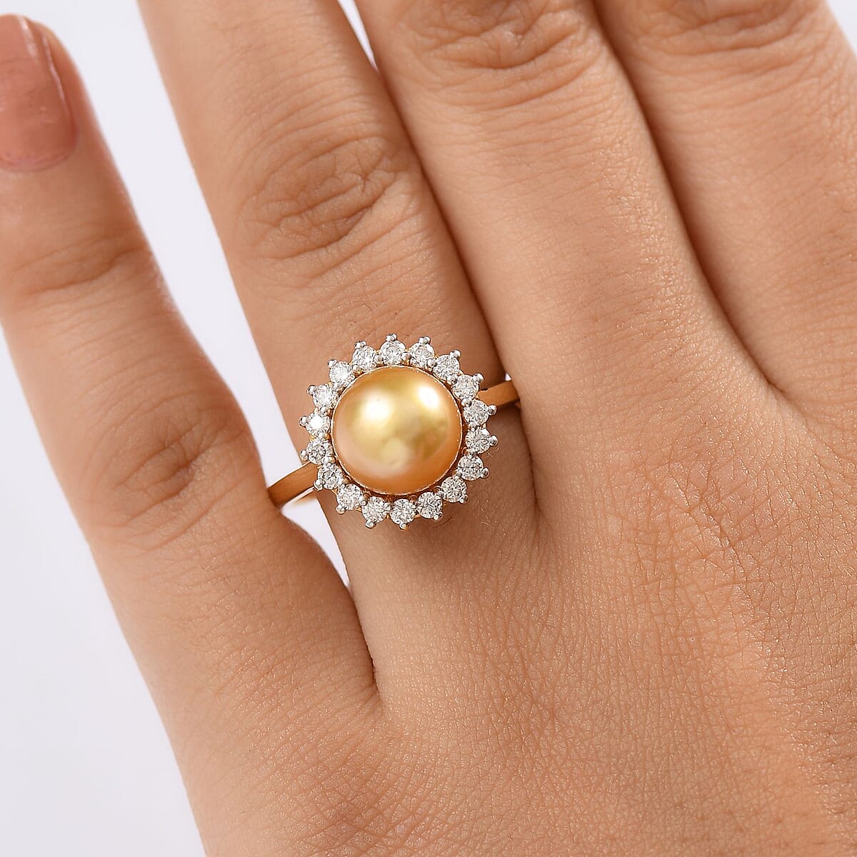 D'Joy South Sea Golden Pearl and Moissanite 0.55 ctw Sunburst Ring in 18K Vermeil Yellow Gold Over Sterling Silver (Size 6.0) image number 2