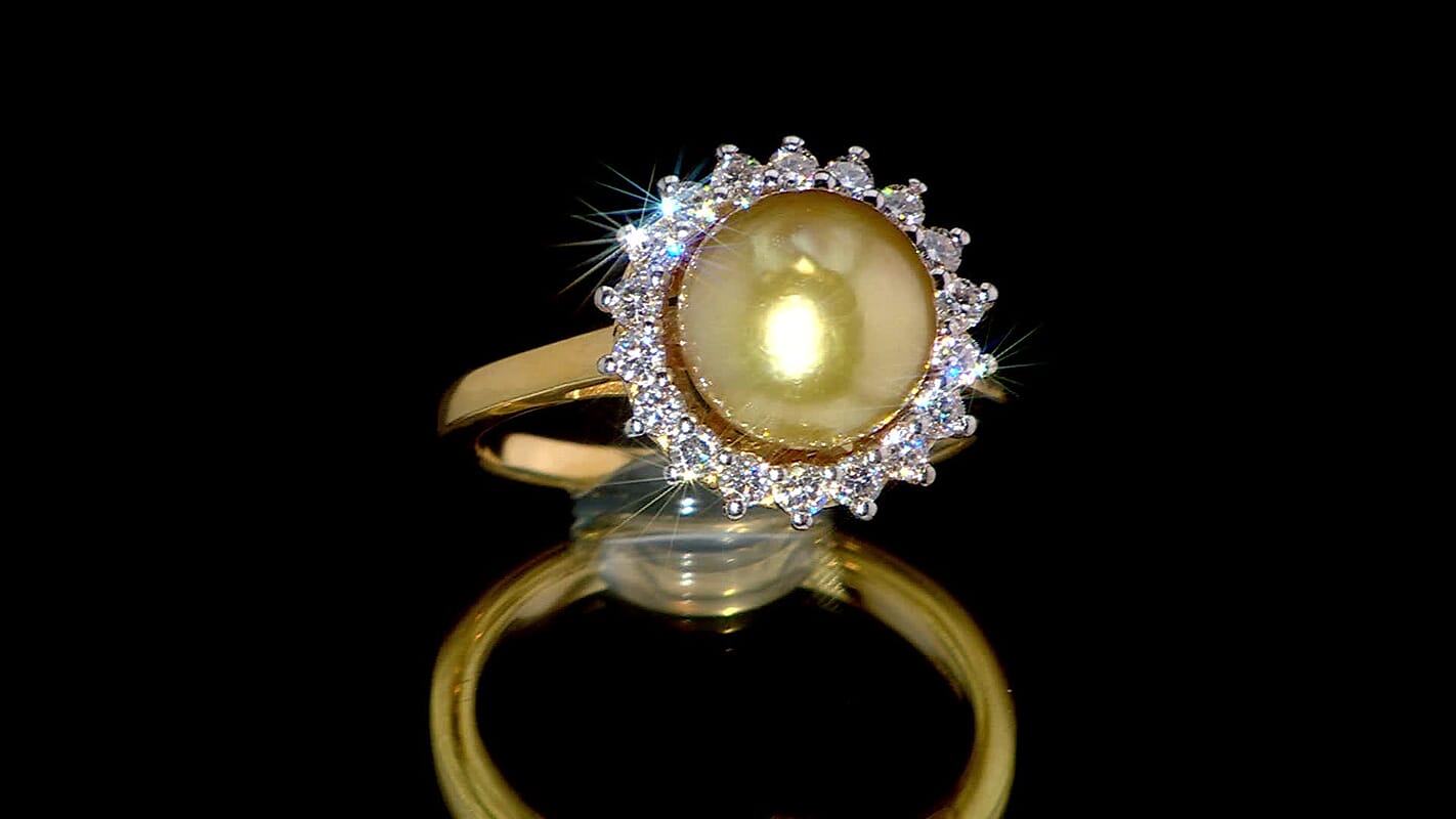 D'Joy South Sea Golden Pearl 9-11mm, Moissanite Sunburst Ring in 18K Vermeil YG Over Sterling Silver (Size 10.0) 0.55 ctw
