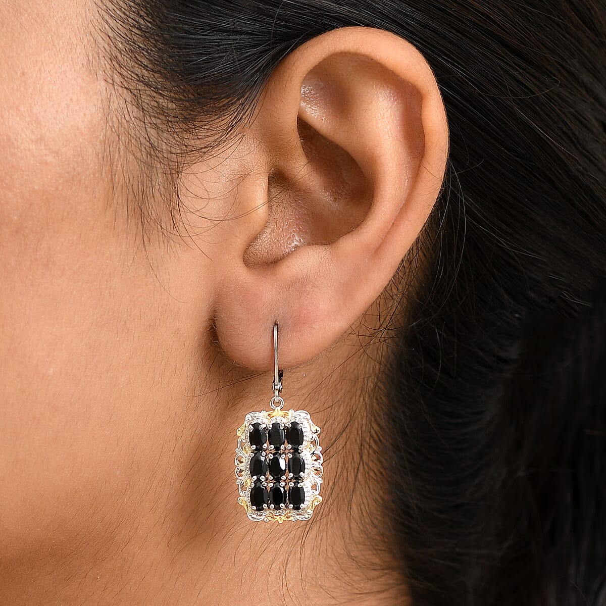 EverTrue Thai Black Spinel 6.00 ctw Earrings in 18K YG Plated with Platinum Bond and Stainless Steel image number 2