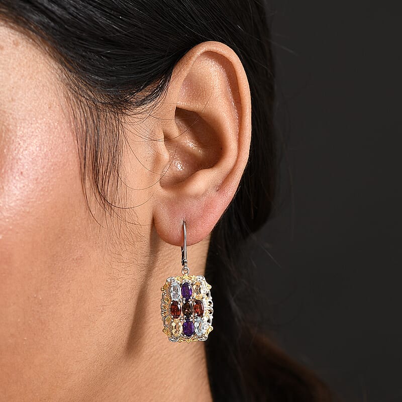 EverTrue Multi Gemstone 4.50 ctw Earrings in 18K YG Plated and Platinum Bond and Stainless Steel