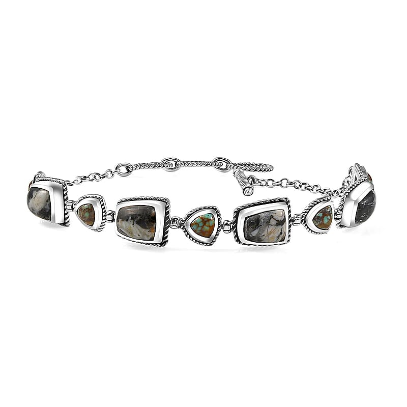 D'Joy Artisan Crafted White Buffalo and Blue Ho9rizon Turquoise 11.70 ctw Bracelet in Sterling Silver (6.50-8.0In)