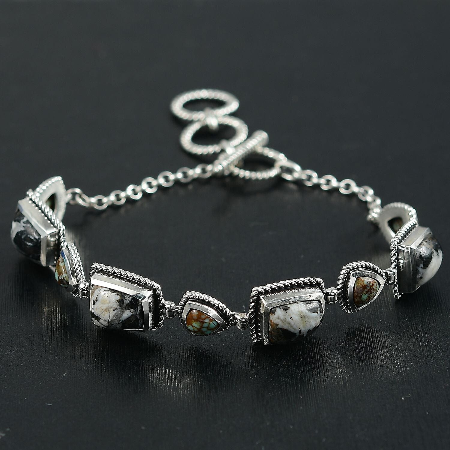 D'Joy Artisan Crafted White Buffalo and Blue Ho9rizon Turquoise 11.70 ctw Bracelet in Sterling Silver (6.50-8.0In)