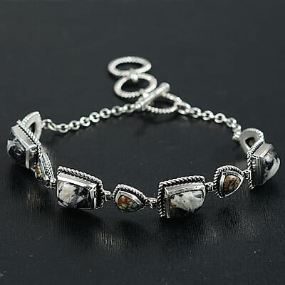 D'Joy Artisan Crafted White Buffalo and Blue Ho9rizon Turquoise 11.70 ctw Bracelet in Sterling Silver (6.50-8.0In)