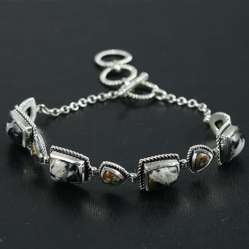 D'Joy Artisan Crafted White Buffalo and Blue Ho9rizon Turquoise 11.70 ctw Bracelet in Sterling Silver (6.50-8.0In)