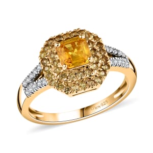 D'Joy Asscher Cut Madagascar Yellow Sapphire and Moissanite 1.60 ctw Ring in 18K Vermeil Yellow Gold Over Sterling Silver (Size 10.0)