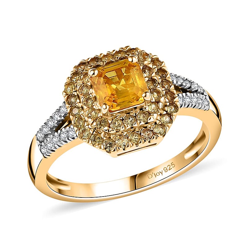 D'Joy Asscher Cut Madagascar Yellow Sapphire and Moissanite 1.60 ctw Art Deco Ring in 18K Vermeil Yellow Gold Over Sterling Silver (Size 10.0)