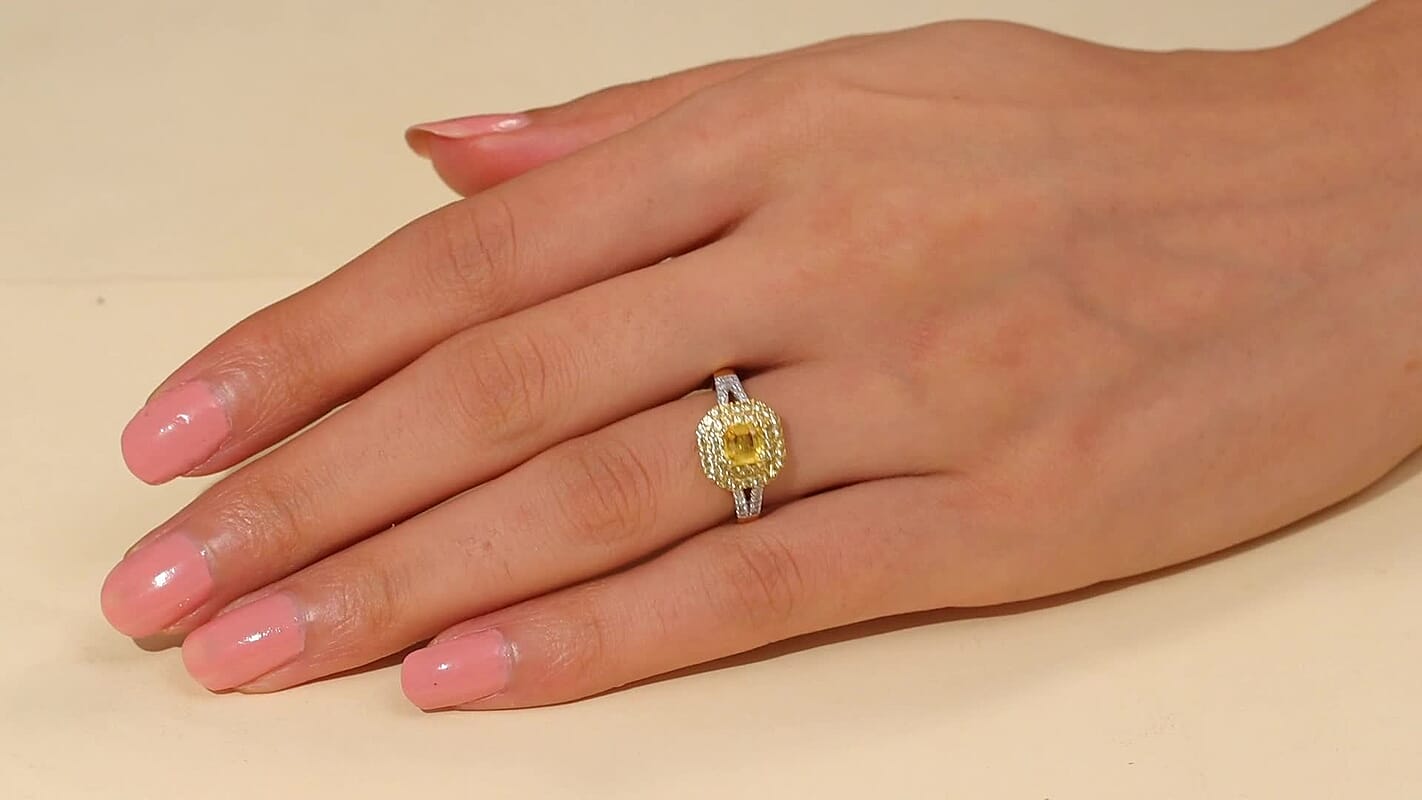 D'Joy Asscher Cut Madagascar Yellow Sapphire, Moissanite Ring in 18K Vermeil YG Over Sterling Silver (Size 10.0) 1.60 ctw