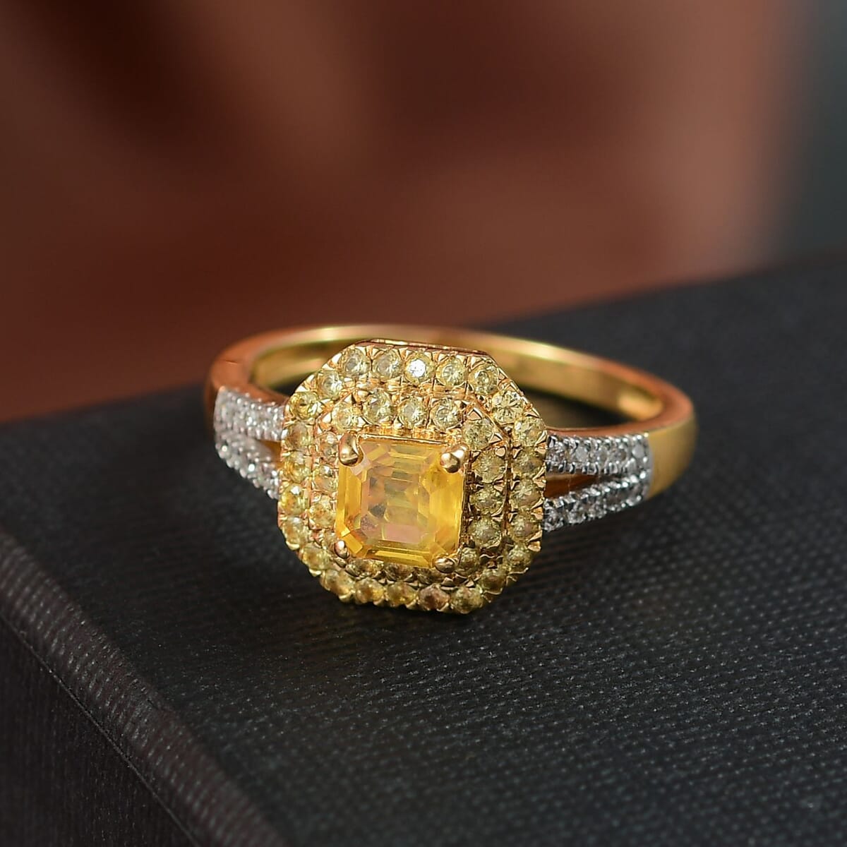 D'Joy Asscher Cut Madagascar Yellow Sapphire and Moissanite 1.60 ctw Art Deco Ring in 18K Vermeil Yellow Gold Over Sterling Silver (Size 10.0) image number 1