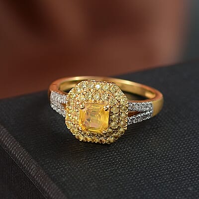 D'Joy Asscher Cut Madagascar Yellow Sapphire and Moissanite 1.60 ctw Art Deco Ring in 18K Vermeil Yellow Gold Over Sterling Silver (Size 10.0)
