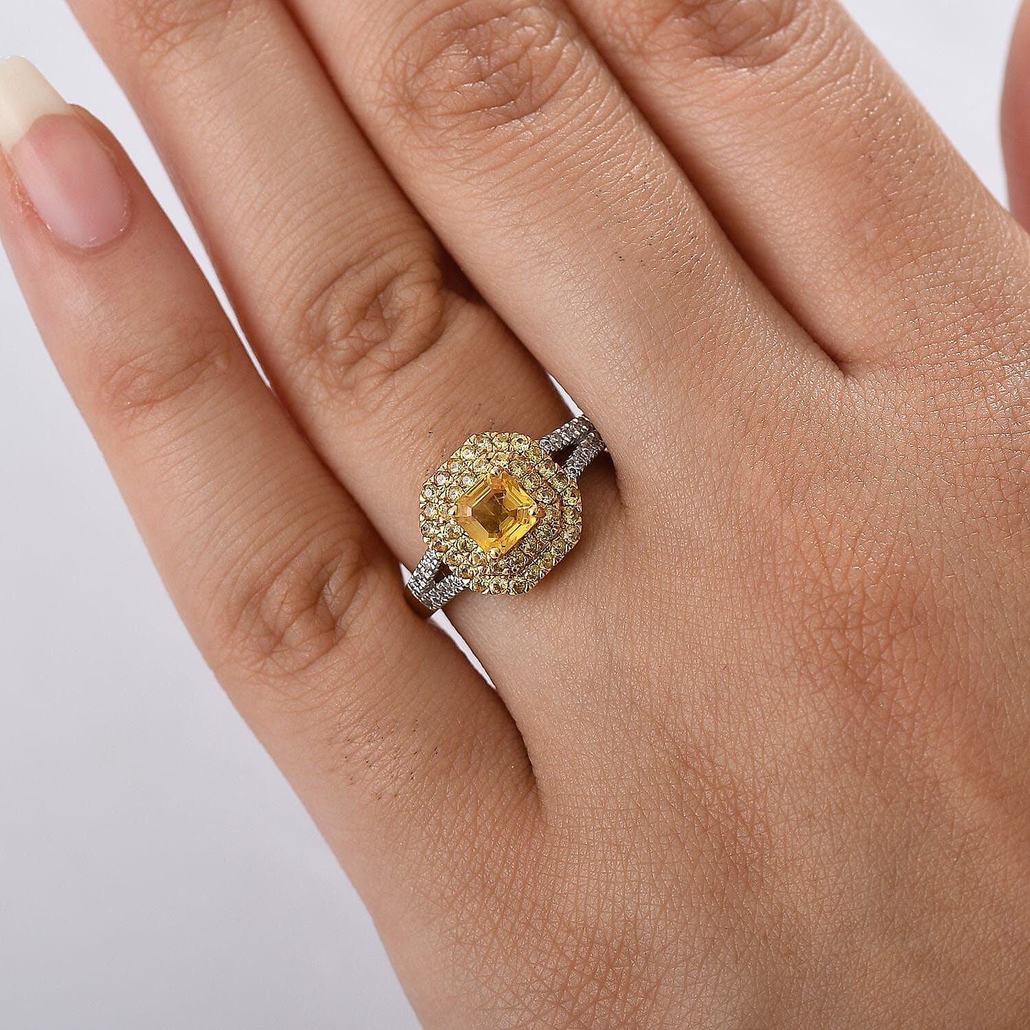 D'Joy Asscher Cut Madagascar Yellow Sapphire and Moissanite 1.60 ctw Art Deco Ring in 18K Vermeil Yellow Gold Over Sterling Silver (Size 10.0)