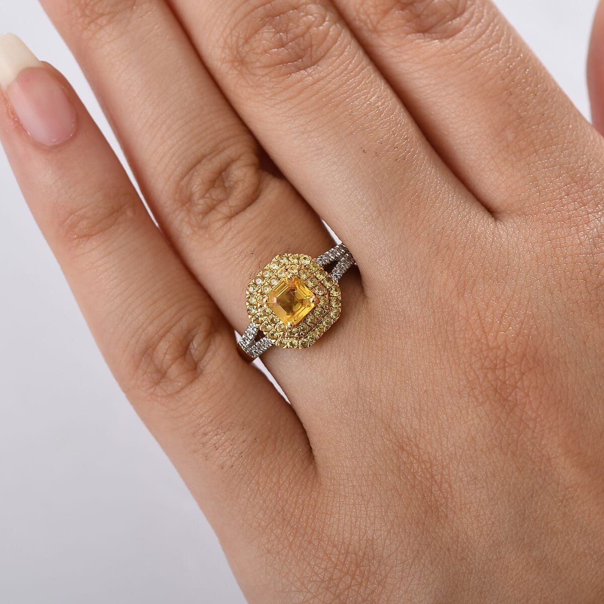 D'Joy Asscher Cut Madagascar Yellow Sapphire and Moissanite 1.60 ctw Art Deco Ring in 18K Vermeil Yellow Gold Over Sterling Silver (Size 10.0) image number 2