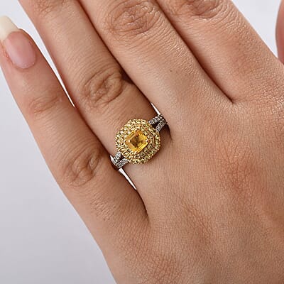 D'Joy Asscher Cut Madagascar Yellow Sapphire and Moissanite 1.60 ctw Art Deco Ring in 18K Vermeil Yellow Gold Over Sterling Silver (Size 10.0)