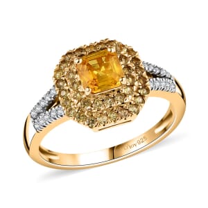 D'Joy Asscher Cut Madagascar Yellow Sapphire and Moissanite 1.60 ctw Art Deco Ring in 18K Vermeil Yellow Gold Over Sterling Silver (Size 5.0)