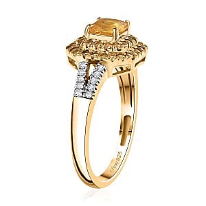 D'Joy Asscher Cut Madagascar Yellow Sapphire and Moissanite 1.60 ctw Art Deco Ring in 18K Vermeil Yellow Gold Over Sterling Silver (Size 6.0)