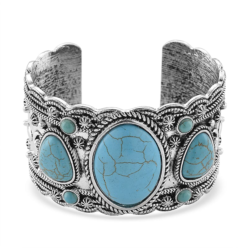 Constituted Blue Howlite 34.00 ctw Southwestern Cuff Bracelet in Silvertone (7.25 In)