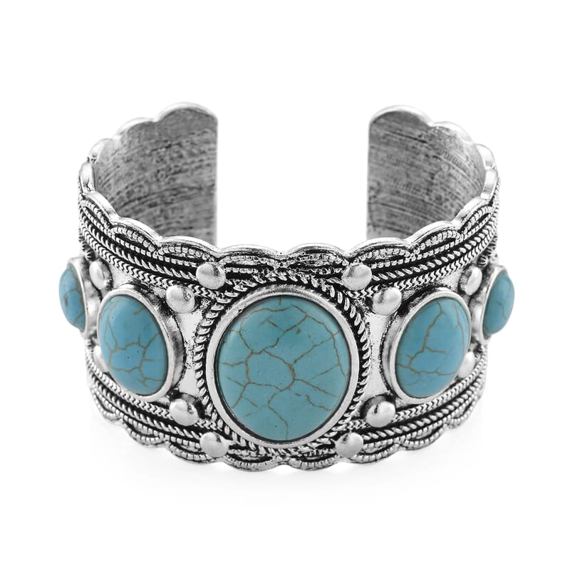 Constituted Blue Howlite 50.00 ctw Southwestern Cuff Bracelet in Silvertone (7.25 In)