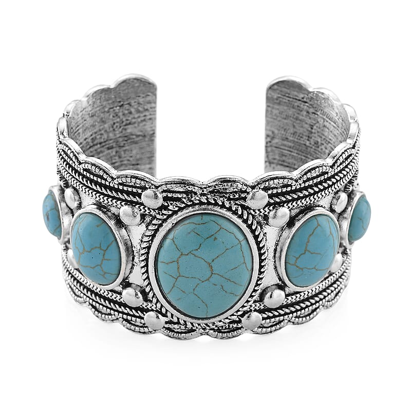Constituted Blue Howlite 50.00 ctw Southwestern Cuff Bracelet in Silvertone (7.25 In)