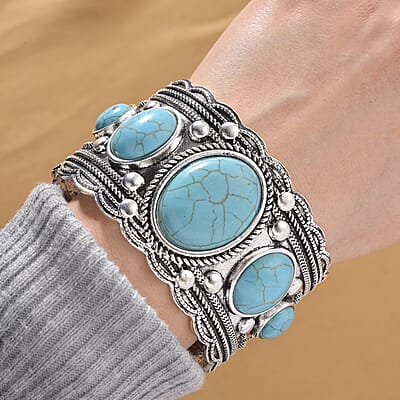 Constituted Blue Howlite 50.00 ctw Southwestern Cuff Bracelet in Silvertone (7.25 In)