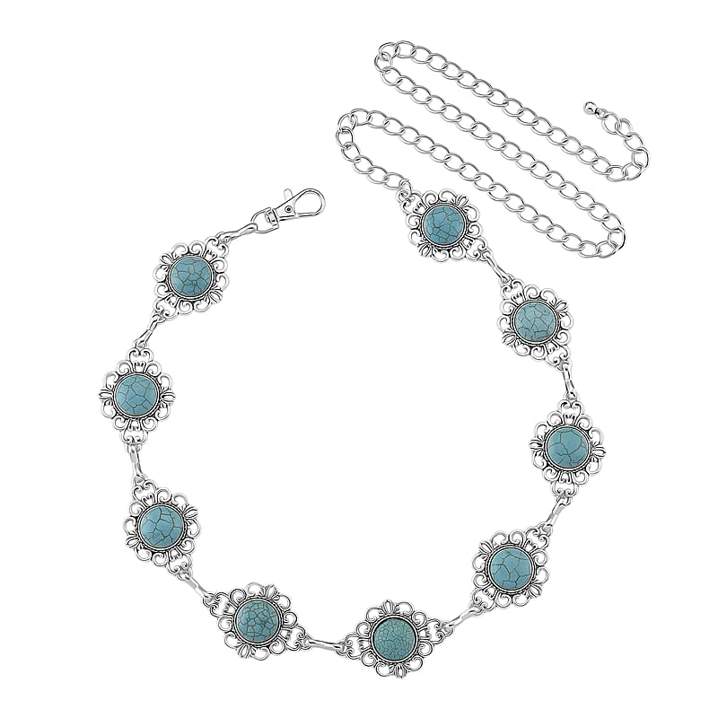 Constituted Blue Howlite 30.00 ctw Southwestern Waist Chain in Silvertone 43 Inches