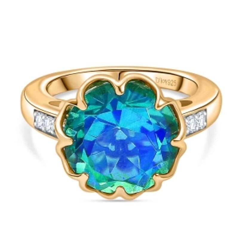 D'Joy Peacock Triplet Quartz and White Zircon 6.59 ctw Ring in 18K Vermeil Yellow Gold Over Sterling Silver (Size 9.0)