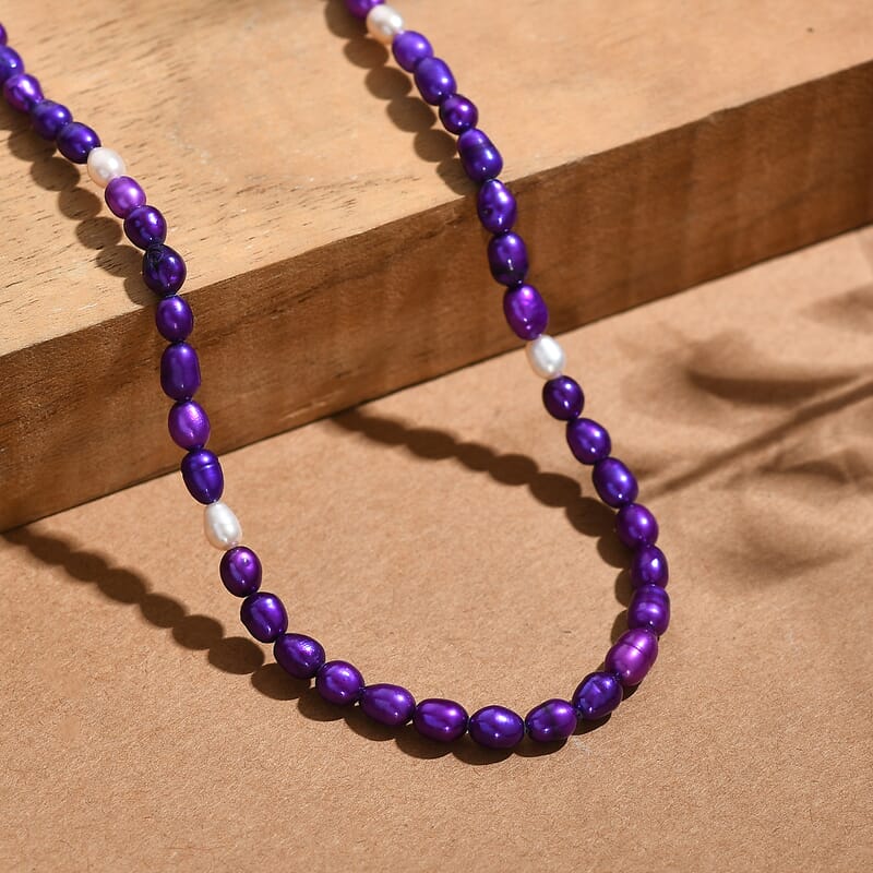 D'Joy Purple Dyed Pearl and Freshwater Pearl Necklace in Rhodium Over Sterling Silver 18 Inches