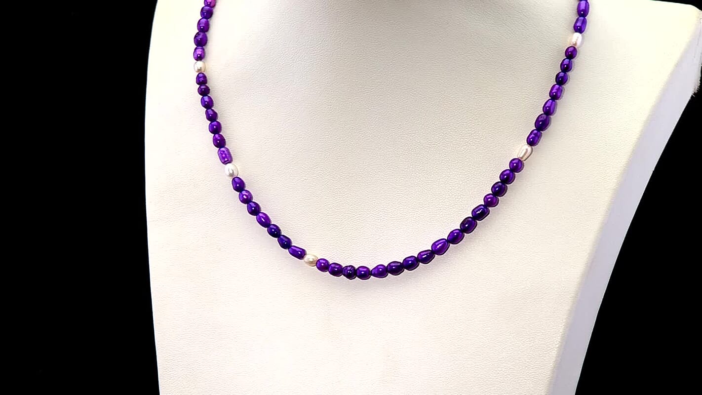 D'Joy Purple Dyed Pearl and Freshwater Pearl Necklace in Rhodium Over Sterling Silver 18 Inches