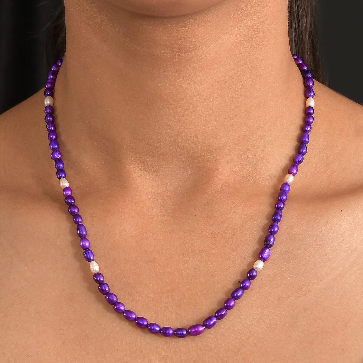 D'Joy Purple Dyed Pearl and Freshwater Pearl Necklace in Rhodium Over Sterling Silver 18 Inches image number 2