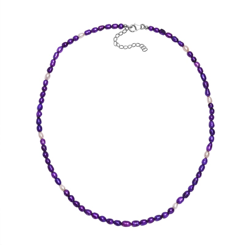 D'Joy Purple Dyed Pearl and Freshwater Pearl Necklace in Rhodium Over Sterling Silver 18 Inches