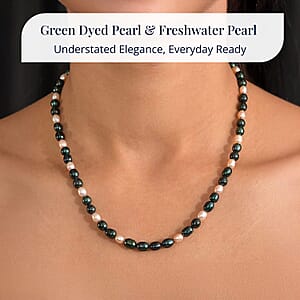 D'Joy Green Dyed Pearl, Freshwater Pearl Necklace in Rhodium Over Sterling Silver 18 Inches