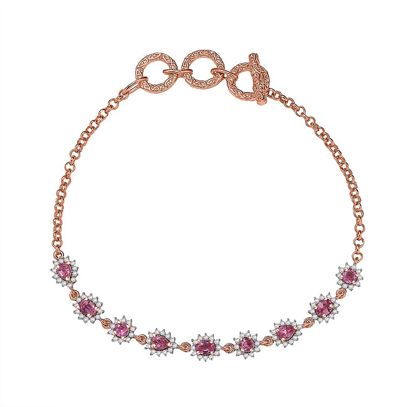 D'Joy Premium Mahenge Spinel and Moissanite 2.35 ctw Regal Rhythm Bracelet in 18K Vermeil Rose Gold Over Sterling Silver (6.50-8.0In)