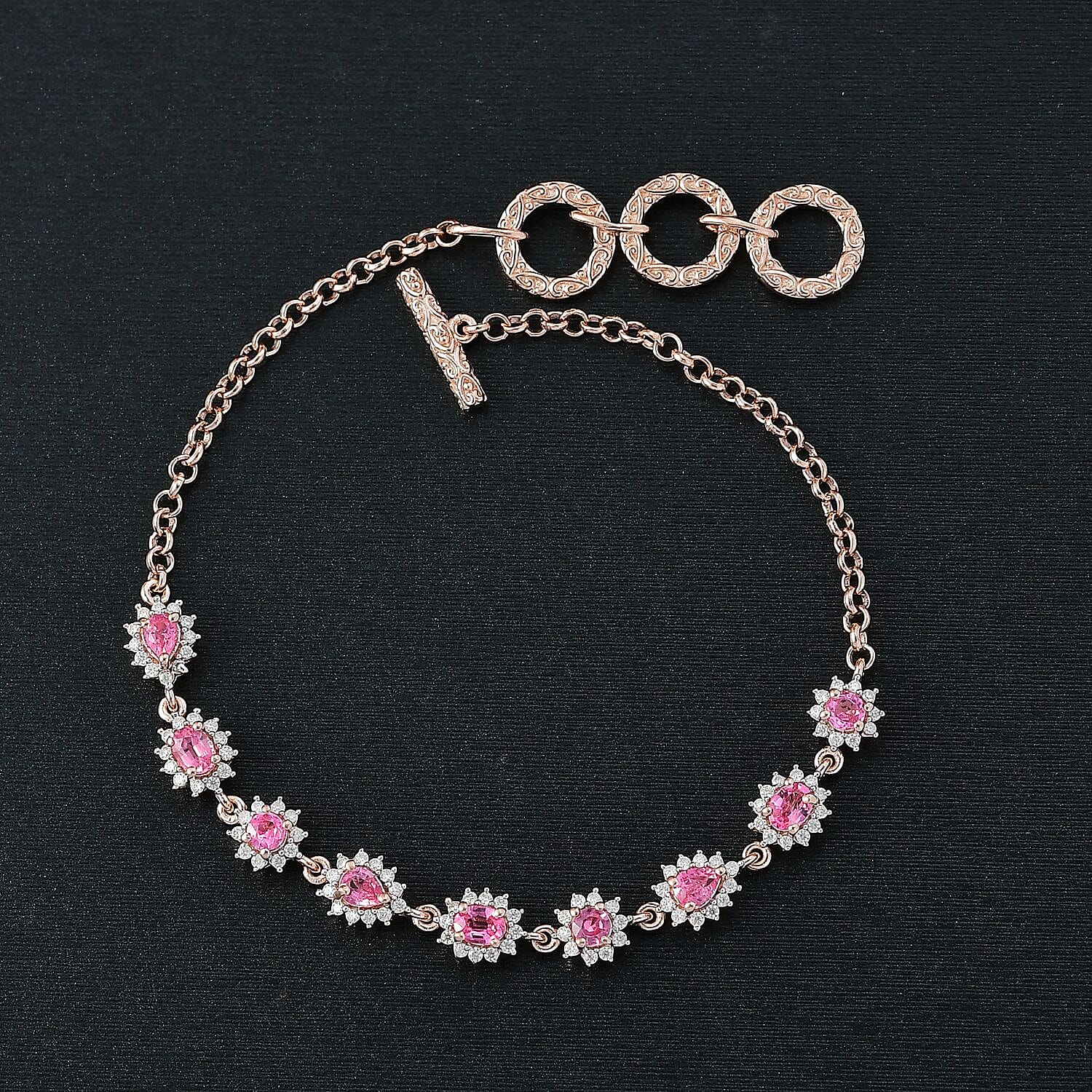 D'Joy Premium Mahenge Spinel and Moissanite 2.35 ctw Regal Rhythm Bracelet in 18K Vermeil Rose Gold Over Sterling Silver (6.50-8.0In)