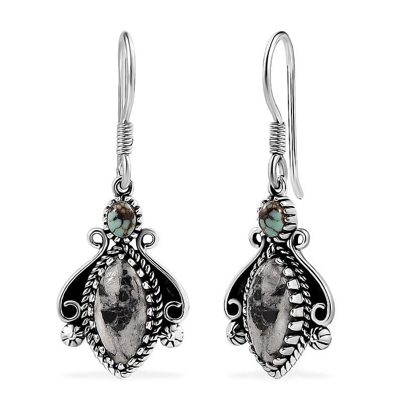 D'Joy Artisan Crafted White Buffalo and Blue Horizon Turquoise 4.20 ctw Earrings in Sterling Silver
