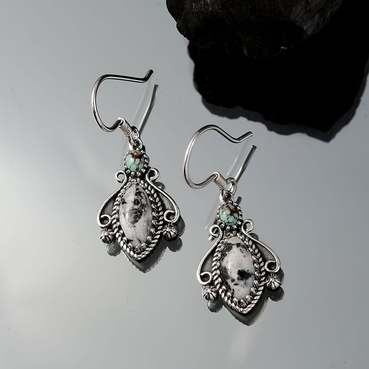 D’Joy Artisan Crafted White Buffalo and Blue Horizon Turquoise 4.20 ctw Earrings in Sterling Silver image number 1
