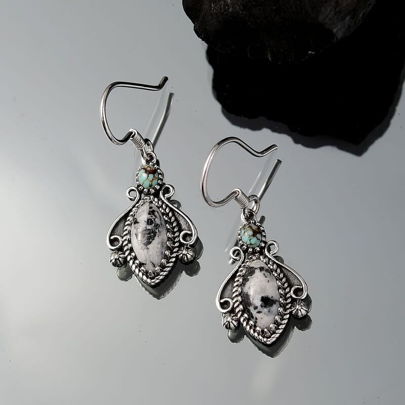 D'Joy Artisan Crafted White Buffalo and Blue Horizon Turquoise 4.20 ctw Earrings in Sterling Silver