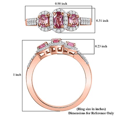 D'Joy Premium Mahenge Spinel and Moissanite 0.85 ctw Royal Trilogy Ring in 18K Vermeil Rose Gold Over Sterling Silver (Size 5.0)