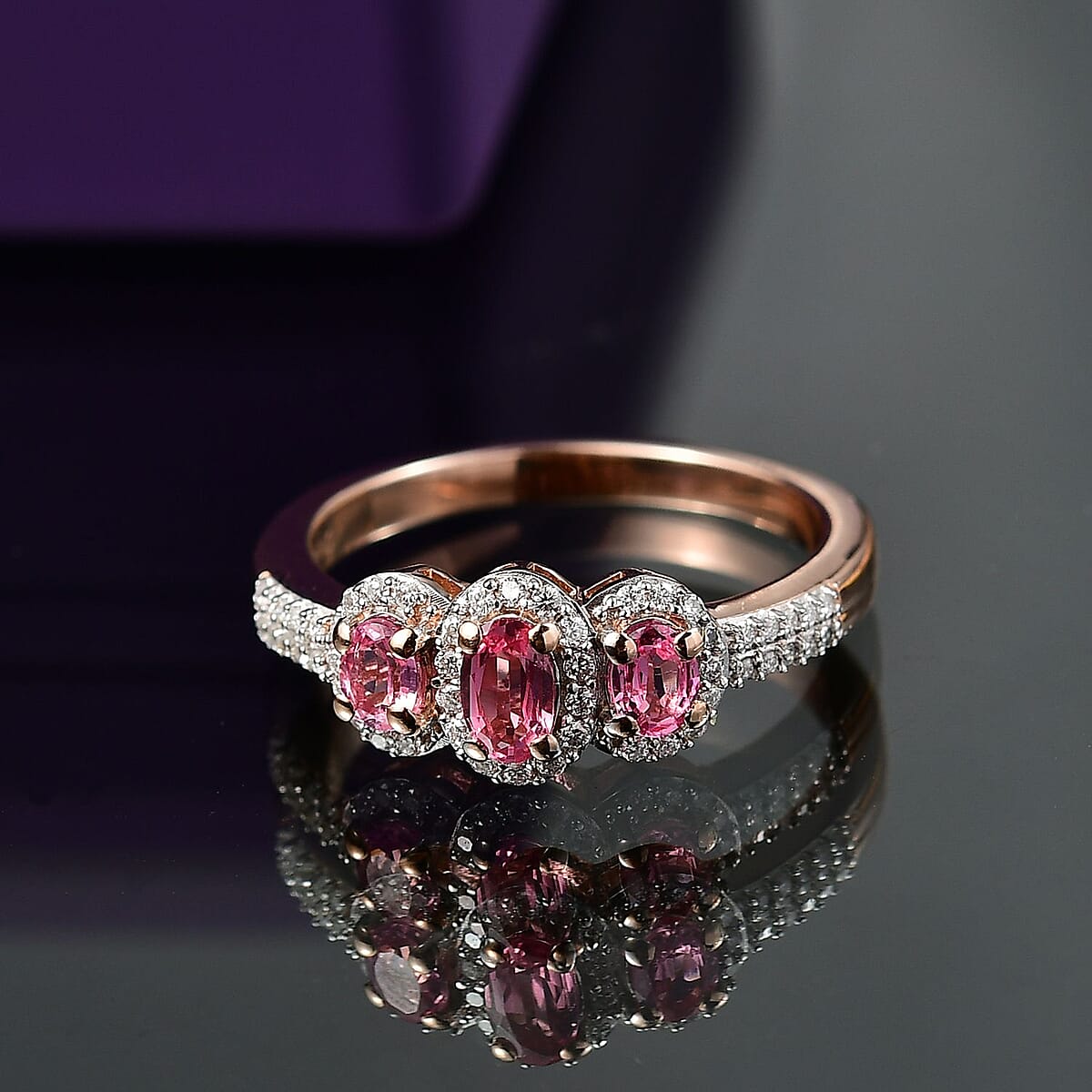 D'Joy Premium Mahenge Spinel and Moissanite 0.85 ctw Royal Trilogy Ring in 18K Vermeil Rose Gold Over Sterling Silver (Size 6.0) image number 1