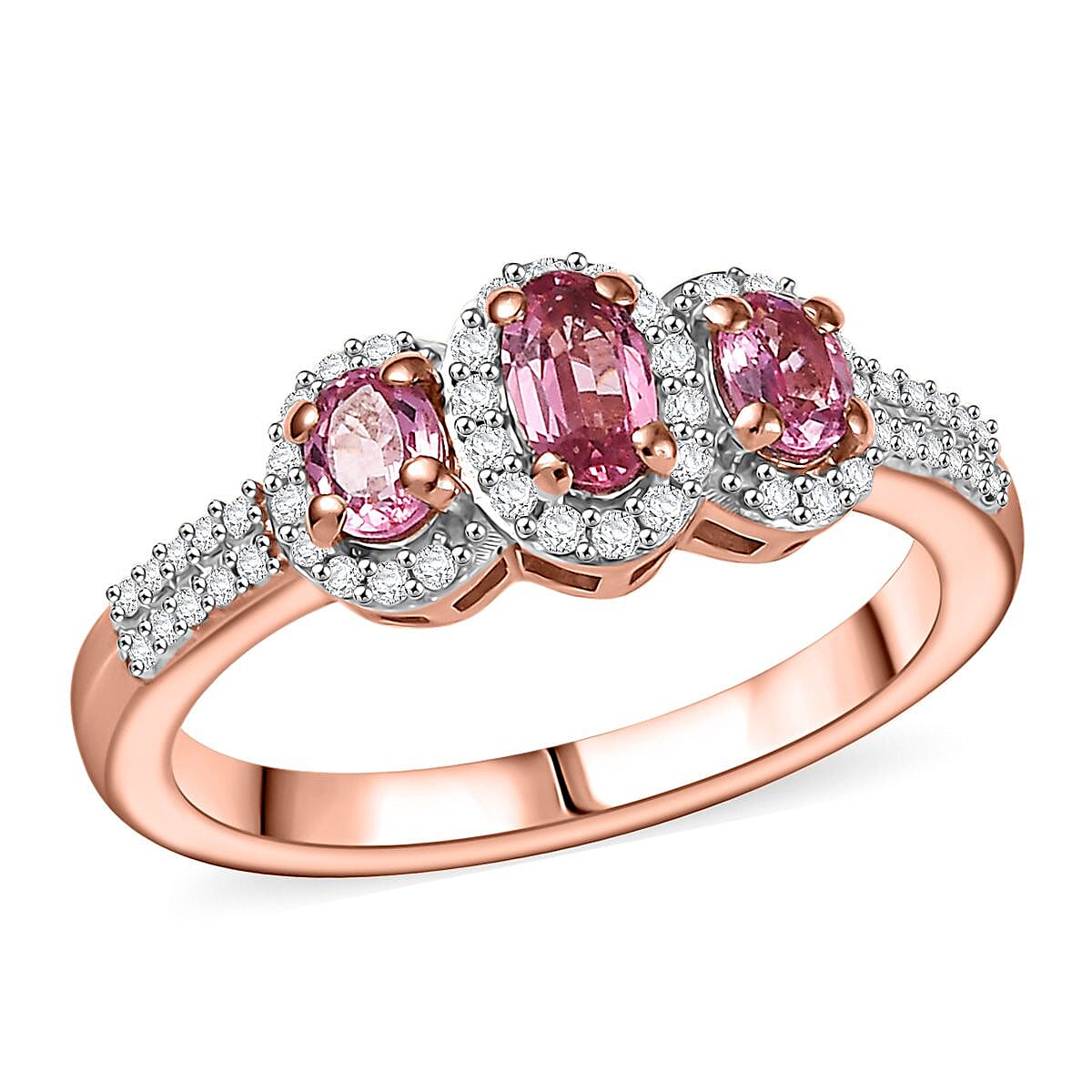 D'Joy Premium Mahenge Spinel and Moissanite 0.85 ctw Royal Trilogy Ring in 18K Vermeil Rose Gold Over Sterling Silver (Size 7.0) image number 0