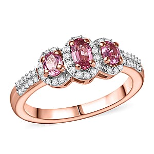 D'Joy Premium Mahenge Spinel and Moissanite 0.85 ctw Royal Trilogy Ring in 18K Vermeil Rose Gold Over Sterling Silver (Size 7.0)