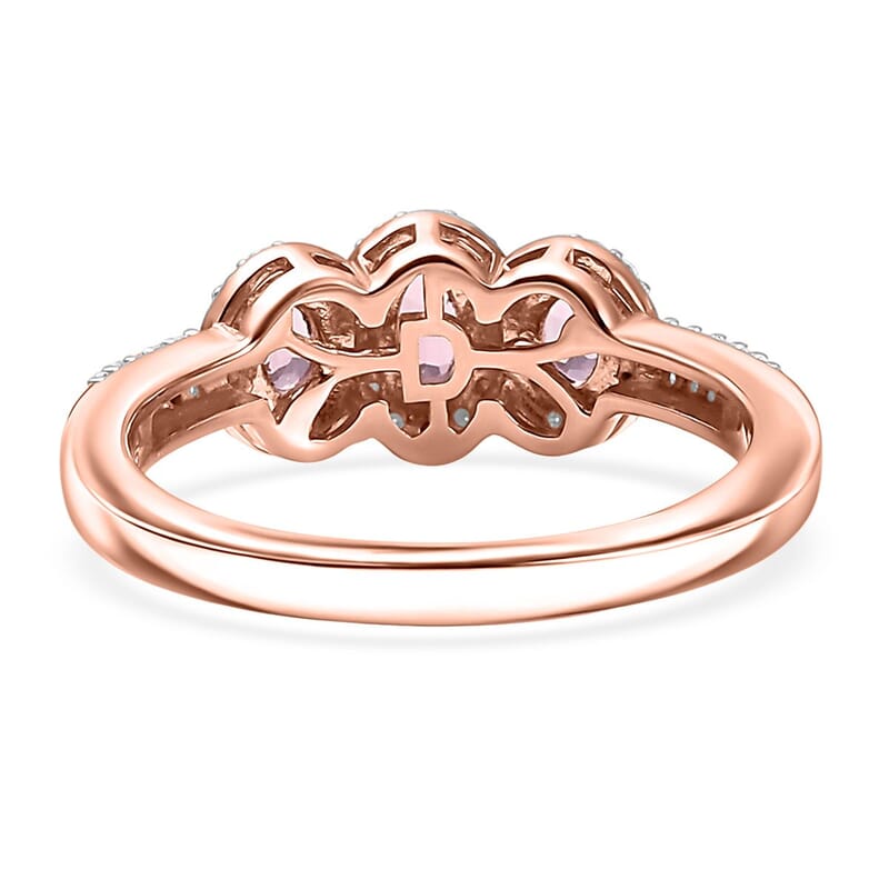 D'Joy Premium Mahenge Spinel and Moissanite 0.85 ctw Royal Trilogy Ring in 18K Vermeil Rose Gold Over Sterling Silver (Size 8.0)