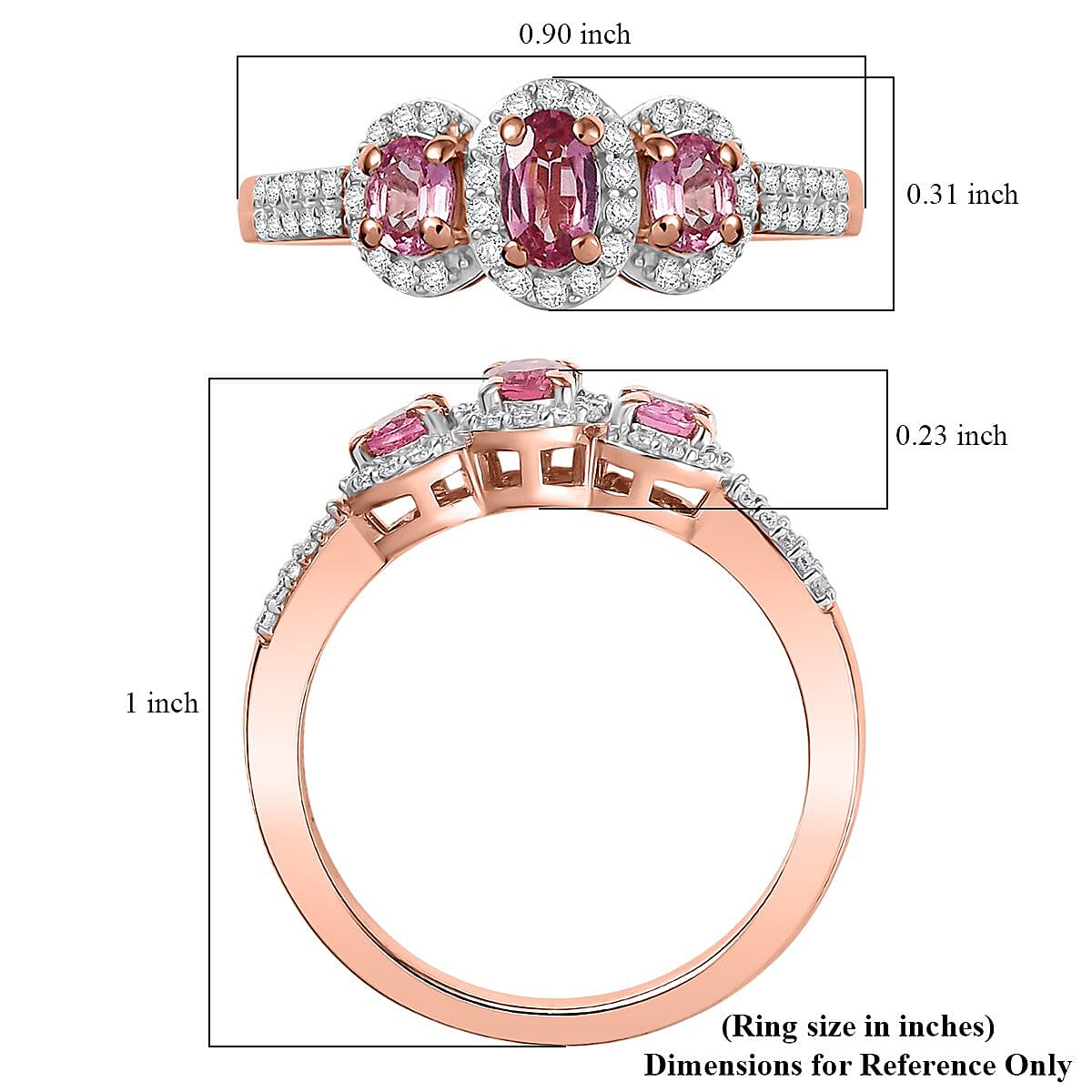 D'Joy Premium Mahenge Spinel and Moissanite 0.85 ctw Royal Trilogy Ring in 18K Vermeil Rose Gold Over Sterling Silver (Size 8.0) image number 5